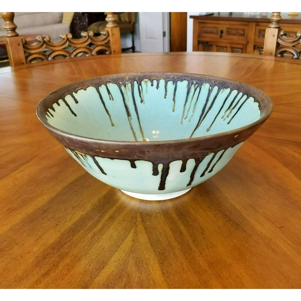 Studio Pottery Bowl, Handmade Art Ceramics, signed, Cerulean Copper Drip Glaze